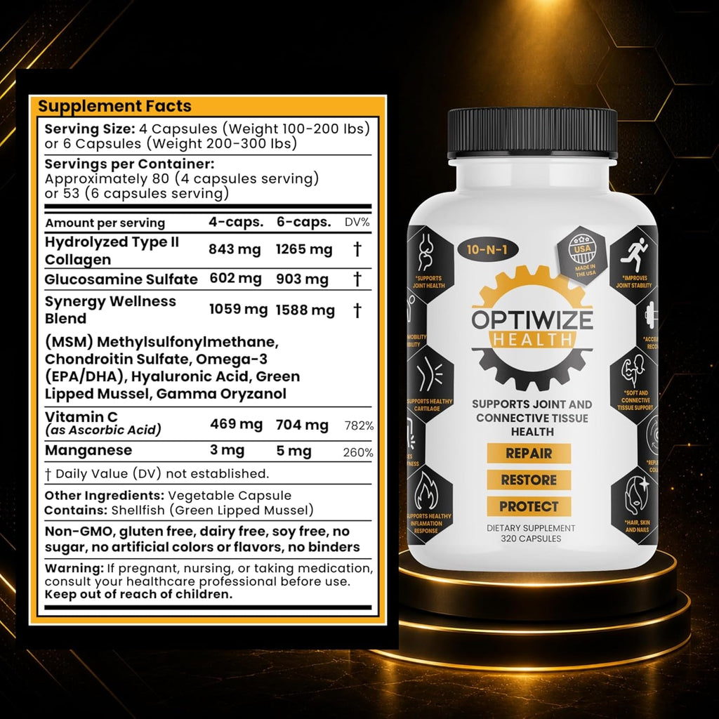 Optiwize 10-N-1 Joint Support Hydrolyzed Collagen,Msm, Hyaluronic Acid, Glucosamine,Chondroitin & More- Targets Joint Discomfort, Improves Mobility & Flexibility 320 Caps for Men & Women Made in USA