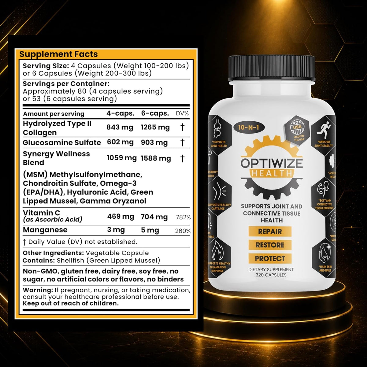 Optiwize 10-N-1 Joint Support Hydrolyzed Collagen,Msm, Hyaluronic Acid, Glucosamine,Chondroitin & More- Targets Joint Discomfort, Improves Mobility & Flexibility 320 Caps for Men & Women Made in USA