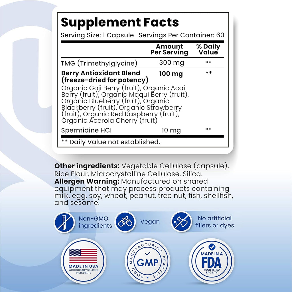 Spermidine Supplements for Men and Women–10 Mg Spermidine Hcl Complex with TMG & Organic Berry Antioxidants–Cellular Health Support–60 Capsules (60-Day Supply) for Healthy Aging & Longevity