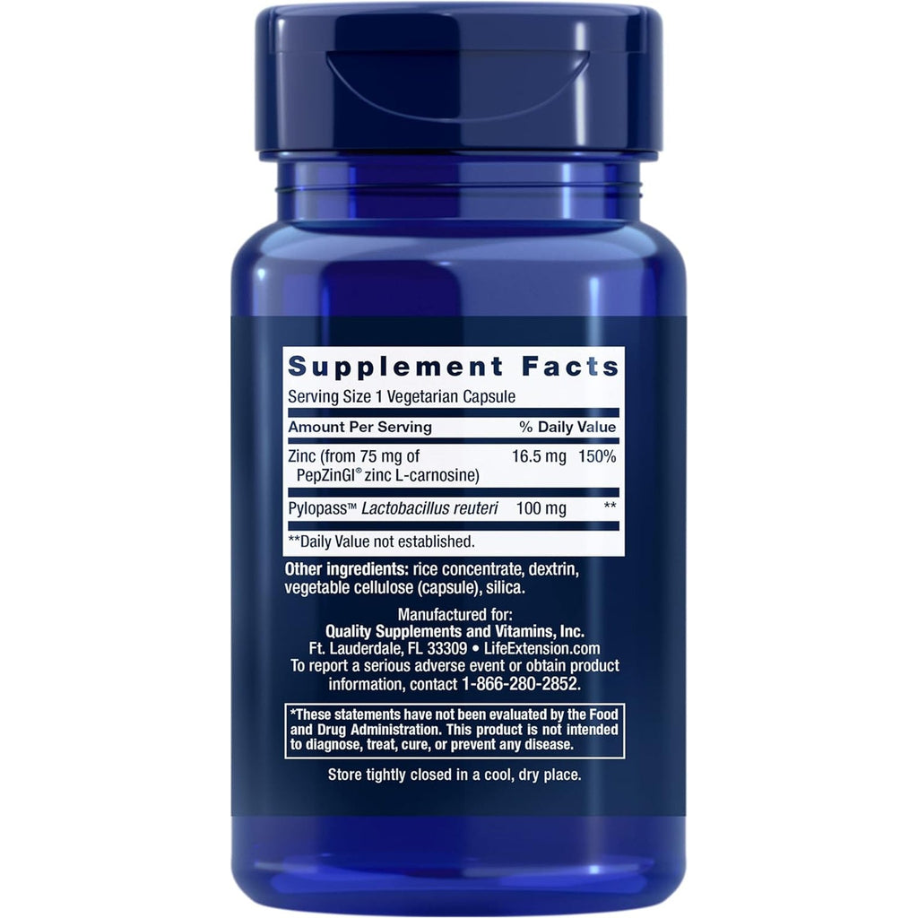 Life Extension Gastro-Ease™, Zinc L-Carnosine, Pylopass™ Lactobacillus Reuteri Probiotics, Digestion Supplement, Gut Health, Stomach Comfort, Gluten-Free, Non-Gmo, Vegetarian, 60 Capsules
