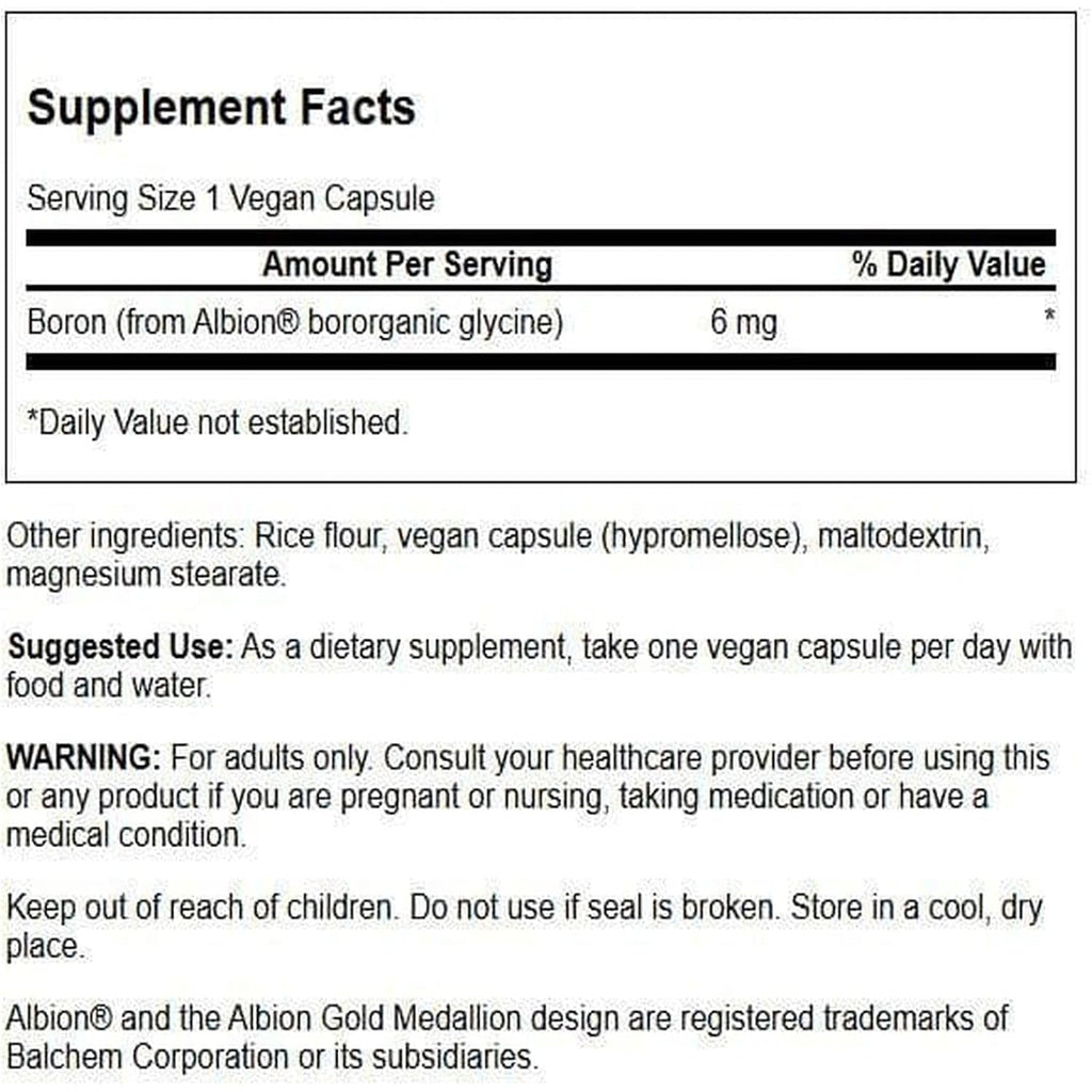 Swanson Boron from Albion - Boroganic Glycine Supplement Supporting Joint Health & Bone Health - High Absorption Formula May Support Overall Balance - (60 Capsules, 6Mg Each)