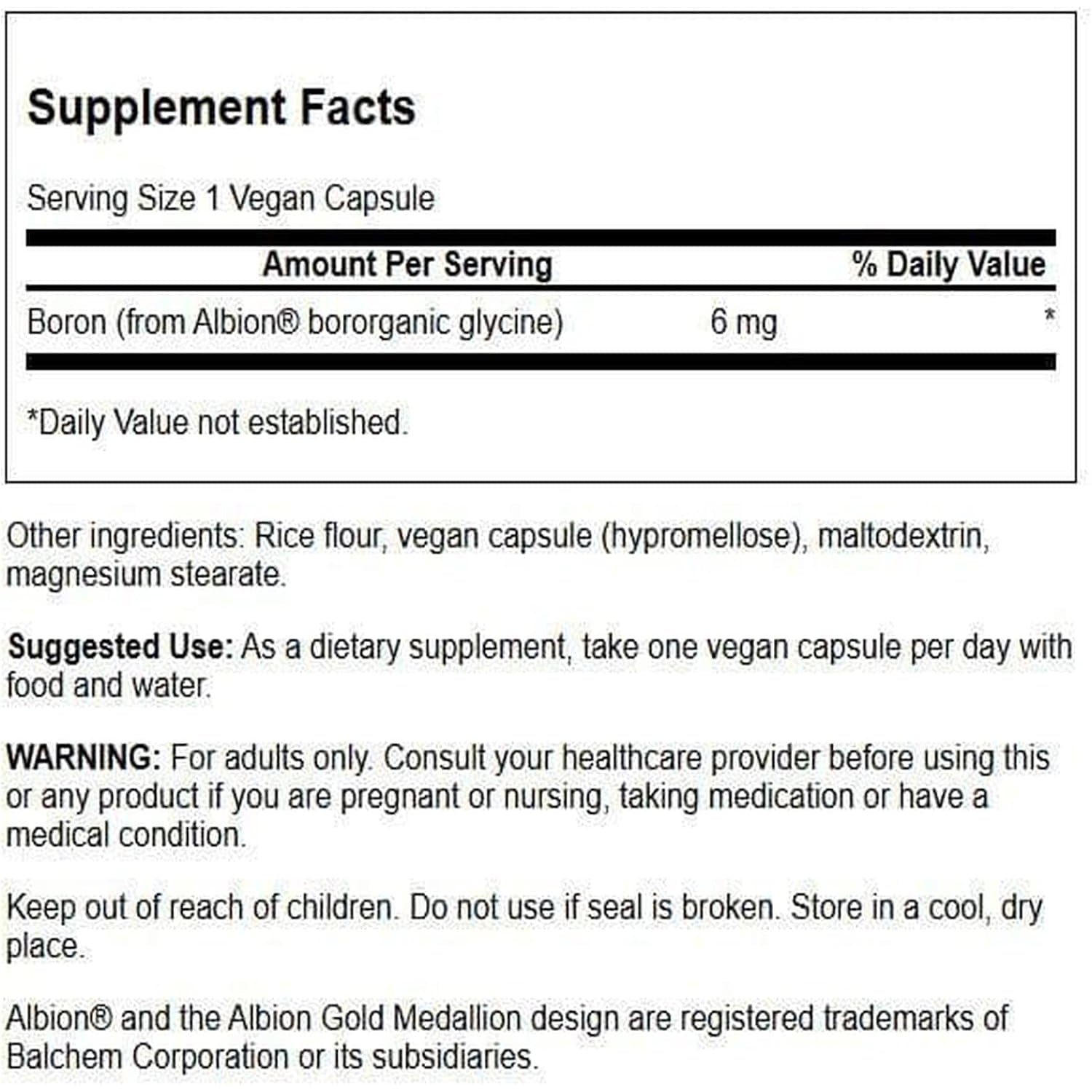 Swanson Boron from Albion - Boroganic Glycine Supplement Supporting Joint Health & Bone Health - High Absorption Formula May Support Overall Balance - (60 Capsules, 6Mg Each)