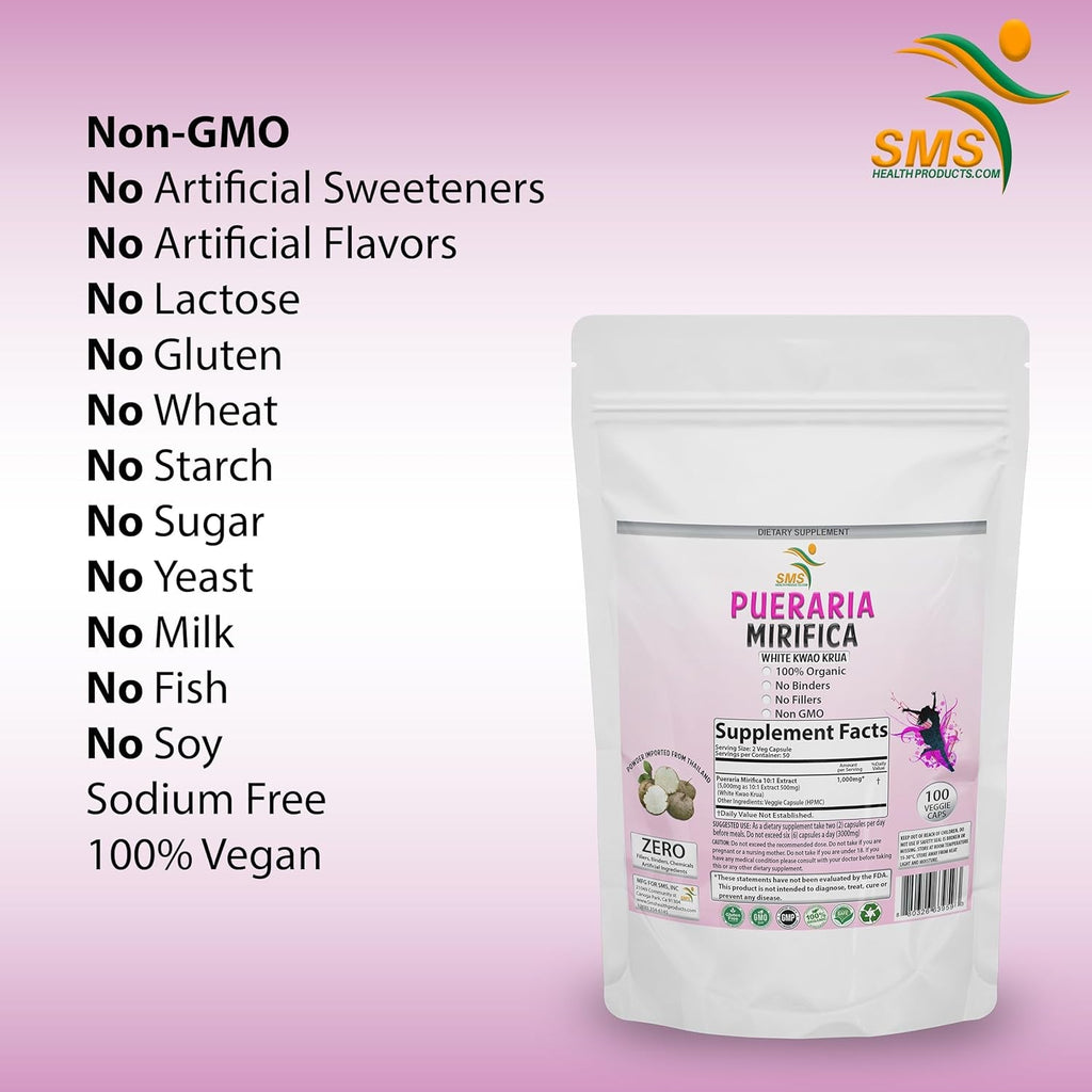 100 Caps Pueraria Mirifica White Extract Powder, 100% 10:1 Potent, Organic, 1,000Mg per Servings, Non GMO from Thailand, Premium Quality, Vegan