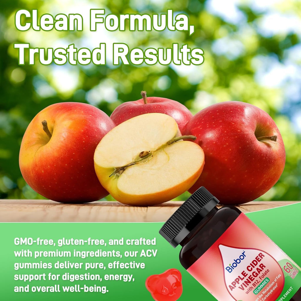Biobor Apple Cider Vinegar Gummies 1000 Mg with Vitamin B12, ACV Gummies for Women Support the Metabolism of Fats and Carbohydrates, Vegan, GMO Free, Gluten Free (120 Count)