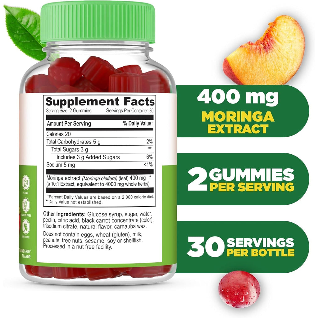 Lifeable Moringa Gummies for Adults | 400 Mg Moringa Extract | Great Tasting Moringa Supplement | Antioxidant Superfood for Men Women | 60 Gummies