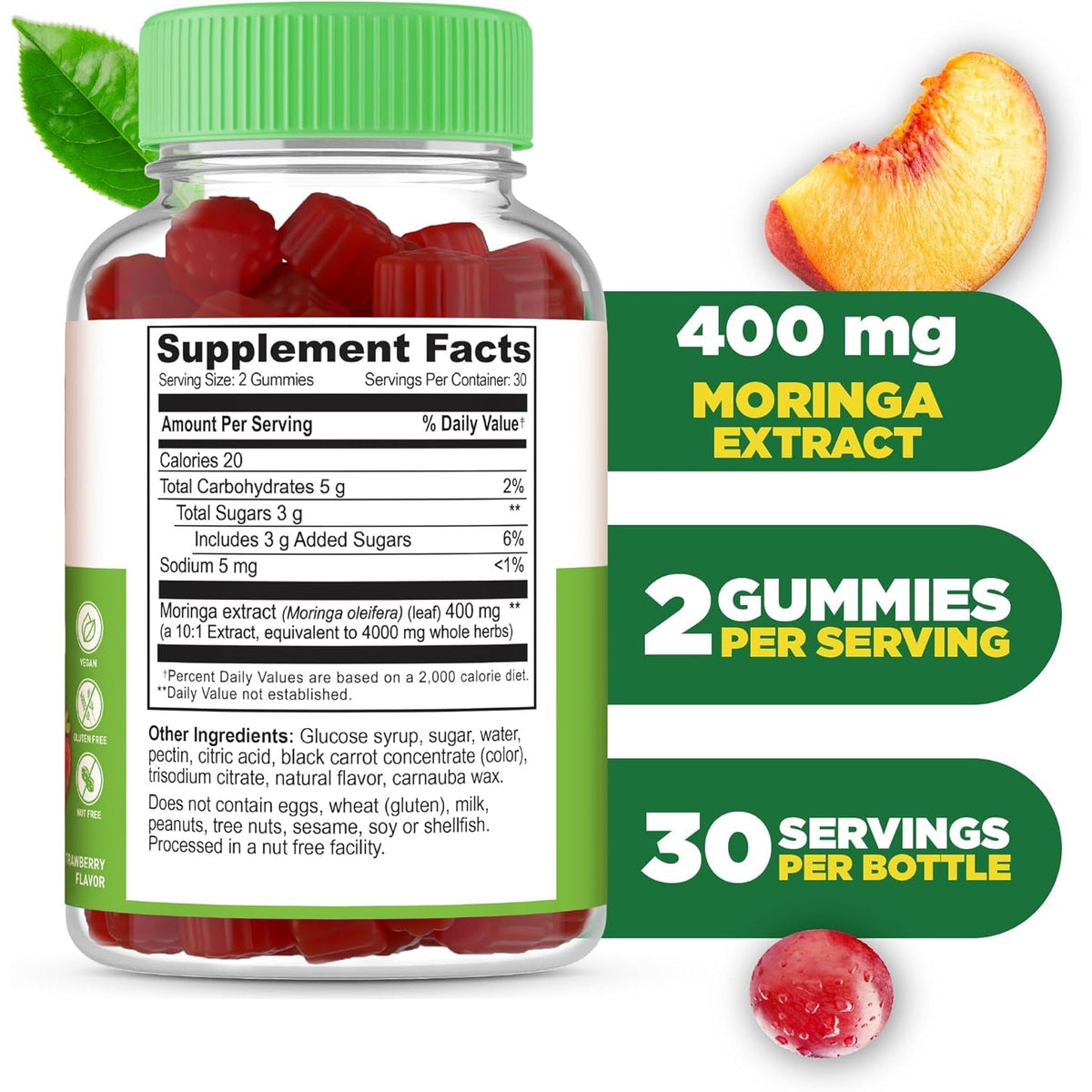 Lifeable Moringa Gummies for Adults | 400 Mg Moringa Extract | Great Tasting Moringa Supplement | Antioxidant Superfood for Men Women | 60 Gummies