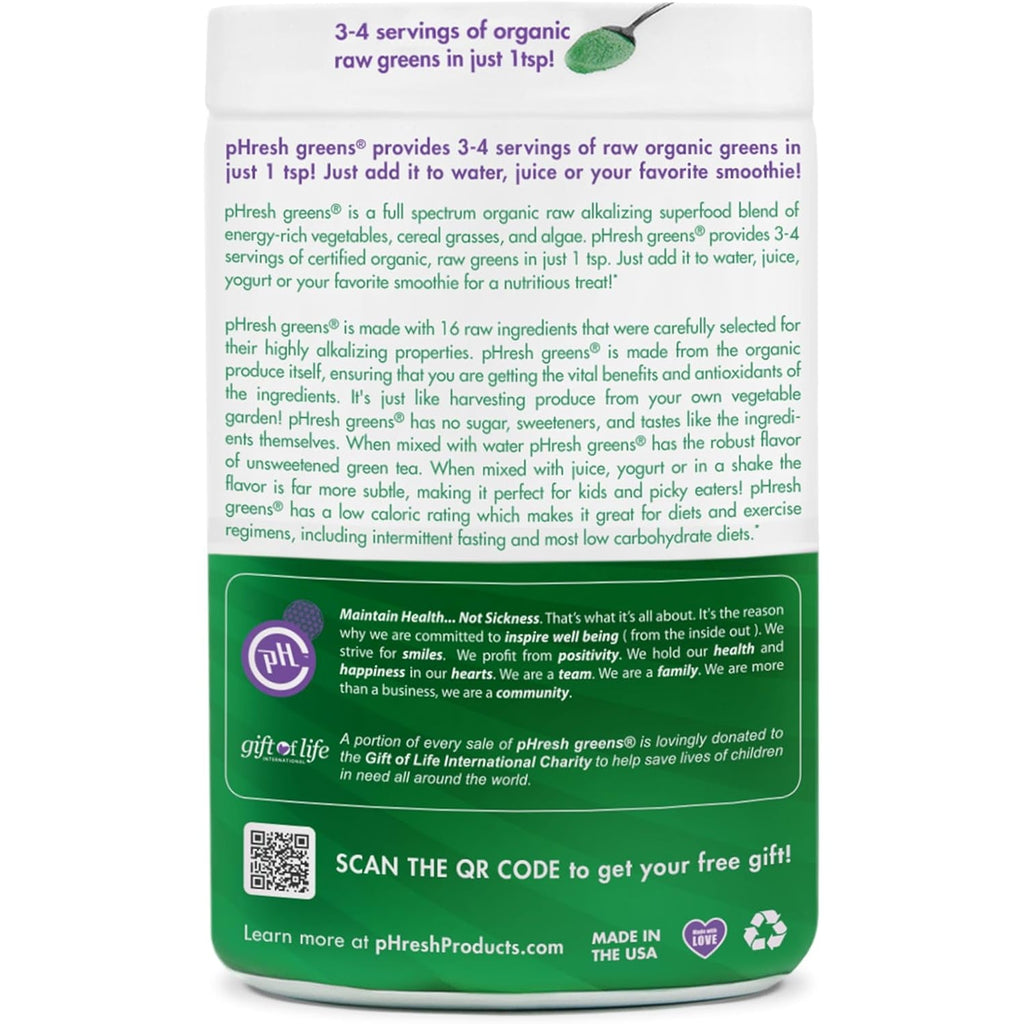 Phresh - Greens Raw Alkalizing Superfood Greens Powder - 2 Month Supply - Vegan, Kosher, Gluten Free - Natural Enzymes, Nutrients - Approved for Intermittent Fasting - 10 Oz