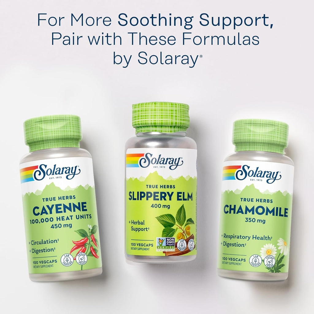 SOLARAY Slippery Elm Bark Capsules (Ulmus Rubra) 400 Mg - Soothing Herbal Support with Mucilage - Vegan, Lab Verified, 60-Day Money Back Guarantee - 100 Servings, 100 Vegcaps