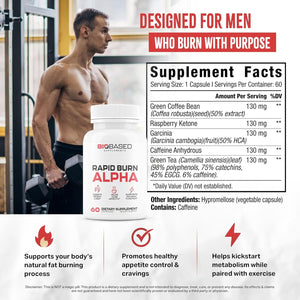 Rapid Burn Alpha - Fat Burner for Men - Supports Healthy Pathways Associated with GLP-1 Activity - Supports Appetite Control, Energy Booster, Helps Increase Metabolism & Fat Loss - 60 Unisex Capsules