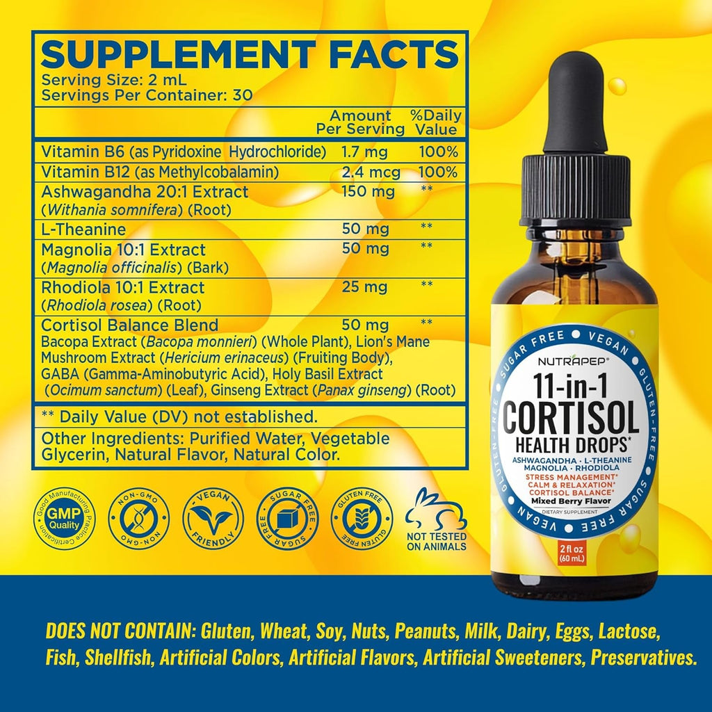Nutrapep Cortisol Detox Liquid Drops for Women Men - Cortisol Reducer Supplement Support Wellness Cleanse Balance Stress Mood Sleep Focus - Lower Cortisol Levels with Ashwagandha L-Theanine Magnolia