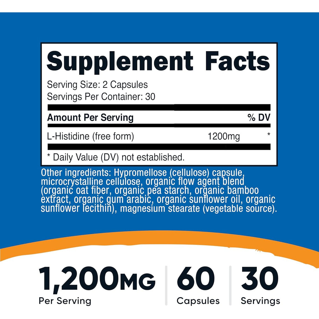 Nutricost L-Histidine Supplement (1,200Mg) 60 Capsules - Gluten-Free, Gmo-Free, 30 Servings