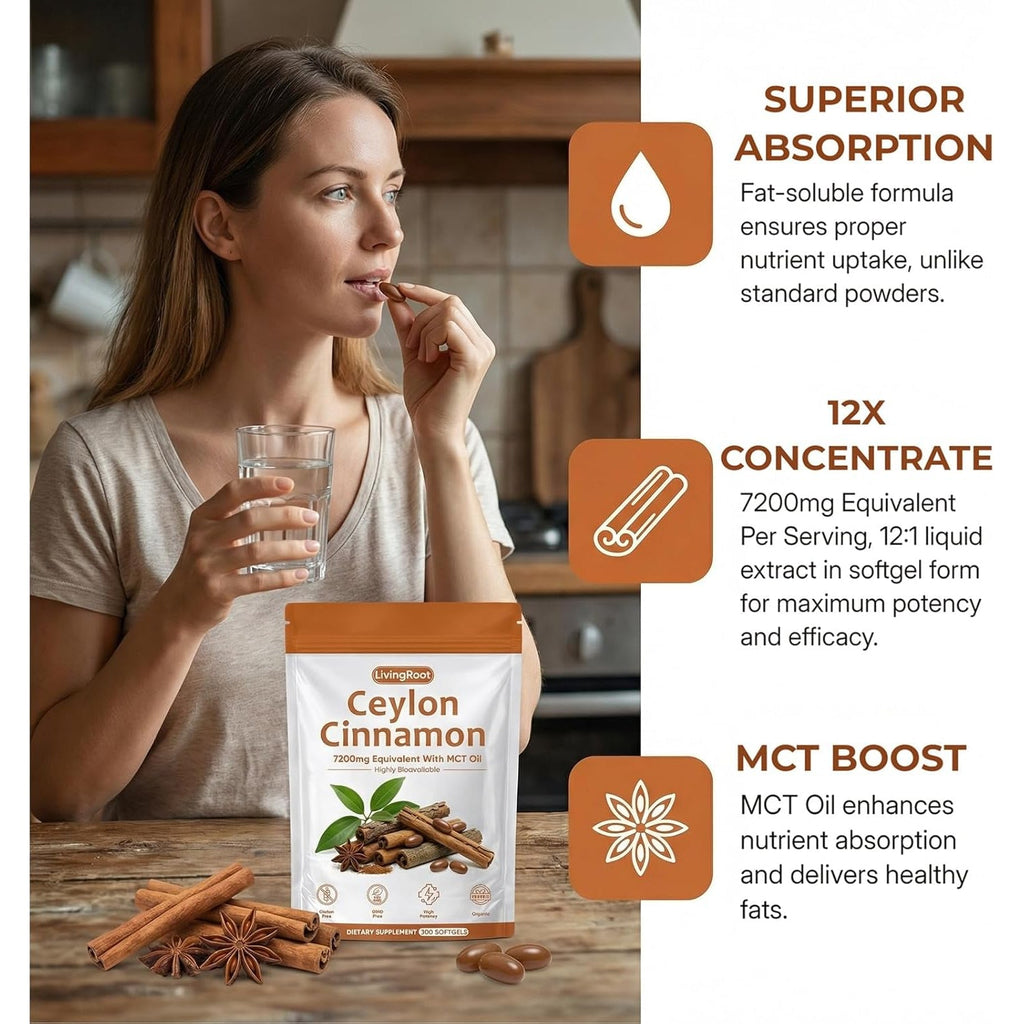 Living Root Ceylon Cinnamon - 300 Softgels 7200Mg Equivalent with MCT Oil, Livingroot Organic Ceylon Cinnamon Powder Supplement for Supports Metabolism, Liver Function & Energy (1)