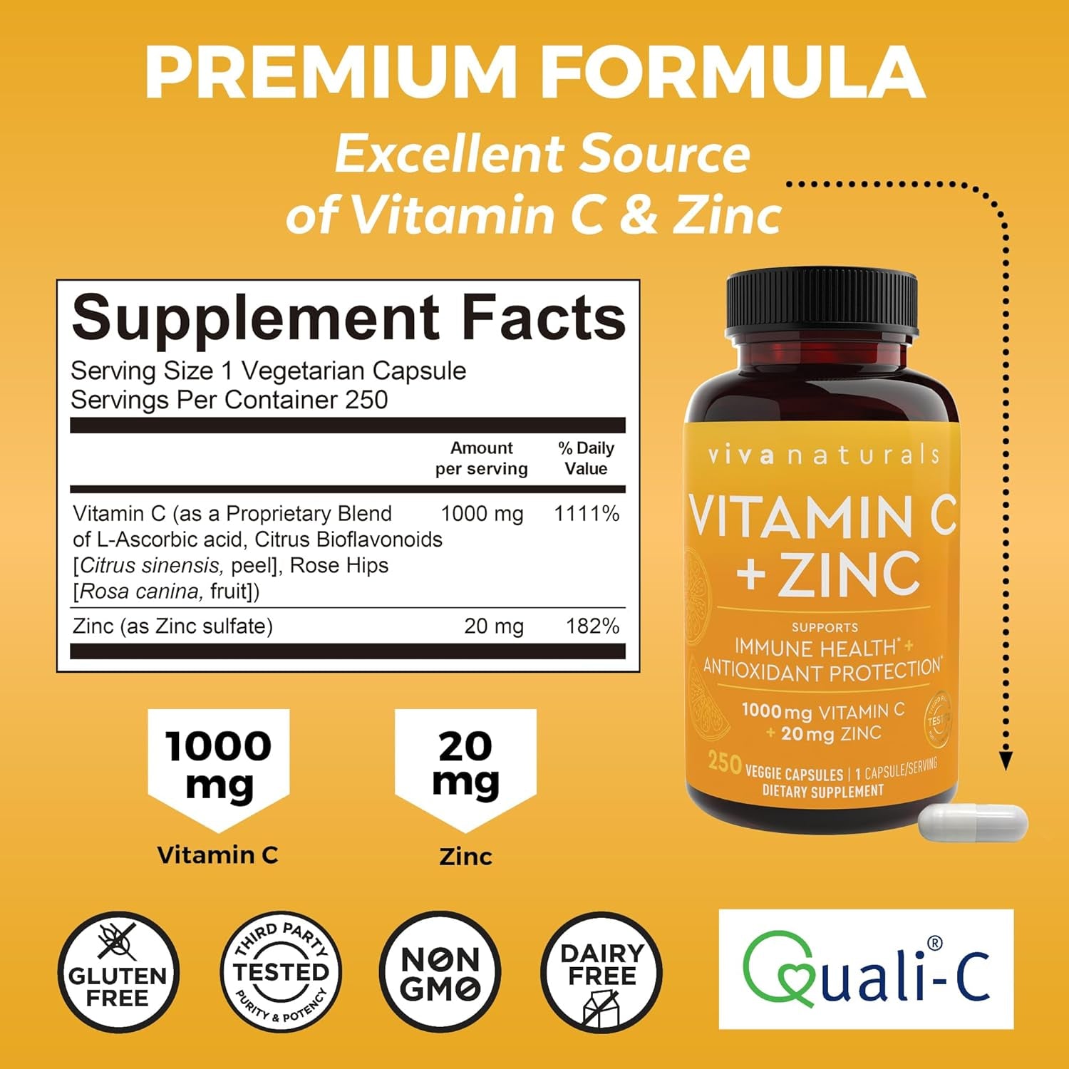 Viva Naturals 1000 Mg Vitamin C and Zinc 20 Mg Supplement - Proprietary Blend of Ascorbic Acid Vitamin C with Rose Hips and Bioflavonoids for Immune Support -250 Veggie Capsules with 8 Months Supply