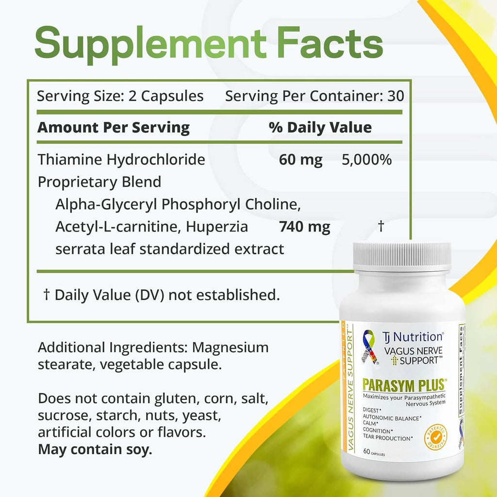 Parasym plus Vagus Nerve Support, Patented Digestive Nutritional Supplements, Energy Booster for Men and Women, Memory Supplement for Brain, Gentle Immune System Support, 60 Capsules