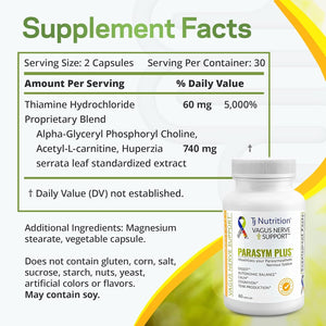 Parasym plus Vagus Nerve Support, Patented Digestive Nutritional Supplements, Energy Booster for Men and Women, Memory Supplement for Brain, Gentle Immune System Support, 60 Capsules