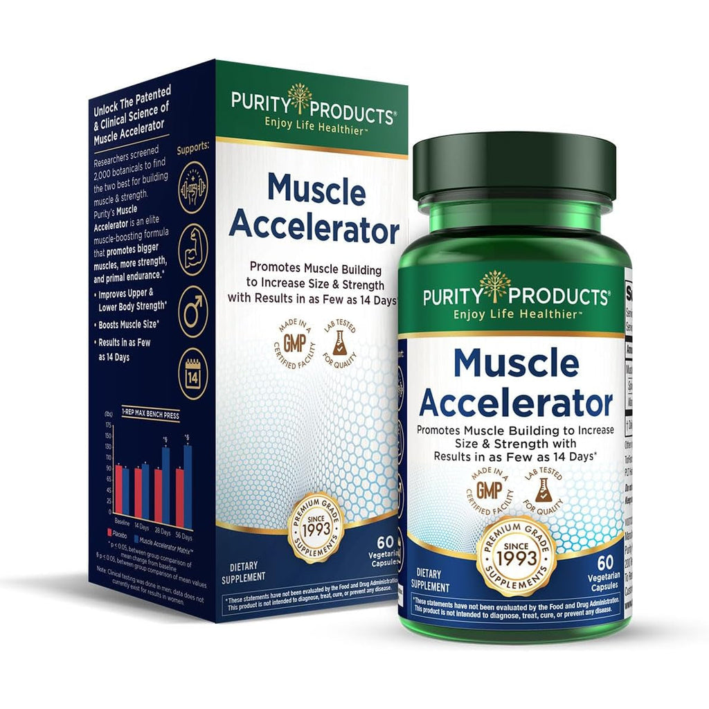 Purity Products Muscle Accelerator 650 Mg Patented & Clinically Tested Muscle Accelerator Blend of Ayurvedic Herbal Extracts Promotes Strength, Endurance + Muscle Growth - 60 Veg Caps