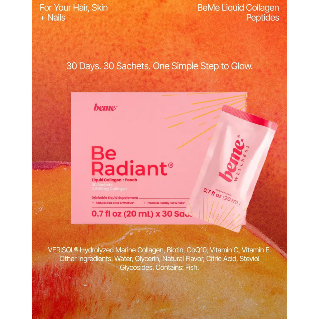 Beme Liquid Collagen for Women - 2500Mg Verisol Collagen Liquid with Biotin, Coq10 & Vitamin C - Clinically Proven Collagen Peptides for Hair, Skin & Nails - 30 Peach Sachets