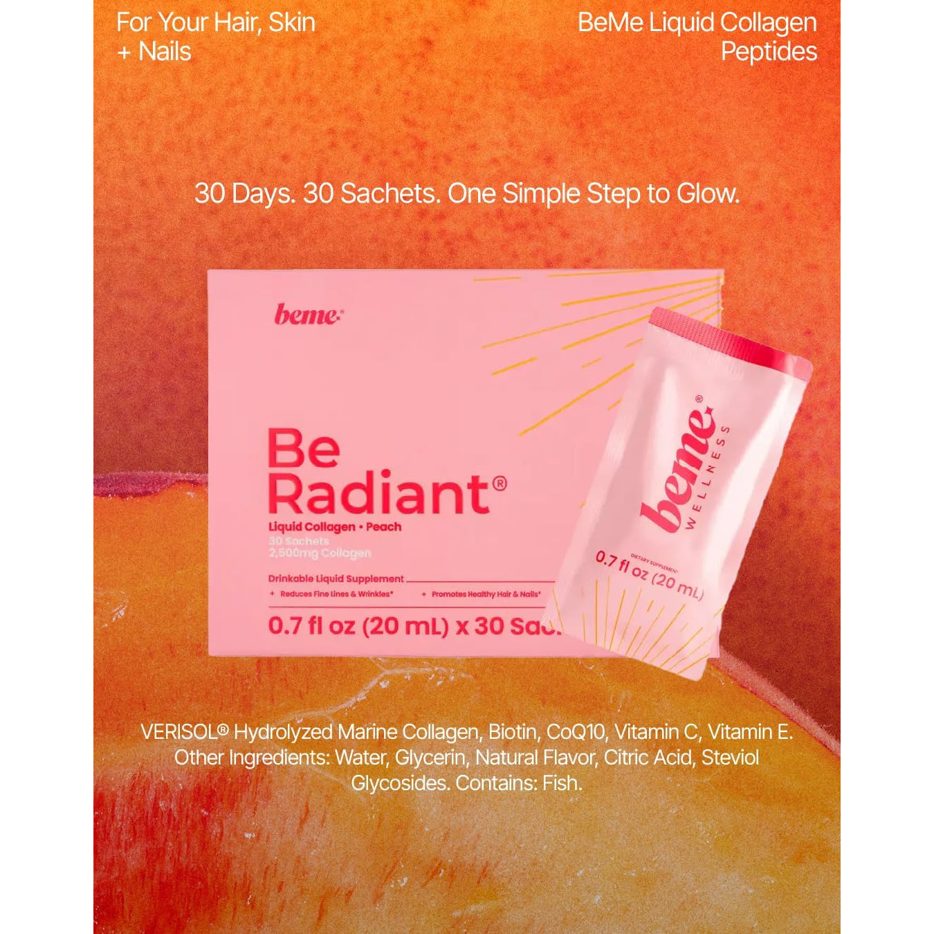 Beme Liquid Collagen for Women - 2500Mg Verisol Collagen Liquid with Biotin, Coq10 & Vitamin C - Clinically Proven Collagen Peptides for Hair, Skin & Nails - 30 Peach Sachets
