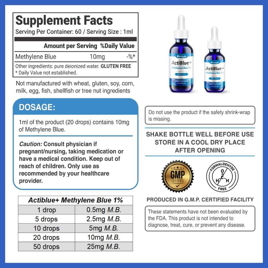 Actiblue+ Methylene Blue 1% : Methylene Blue ISO Certified Third Party Lab Tested 99,9% No Formaldehyde No Alcohol No Gluten&Gmo(2Fl.Oz)