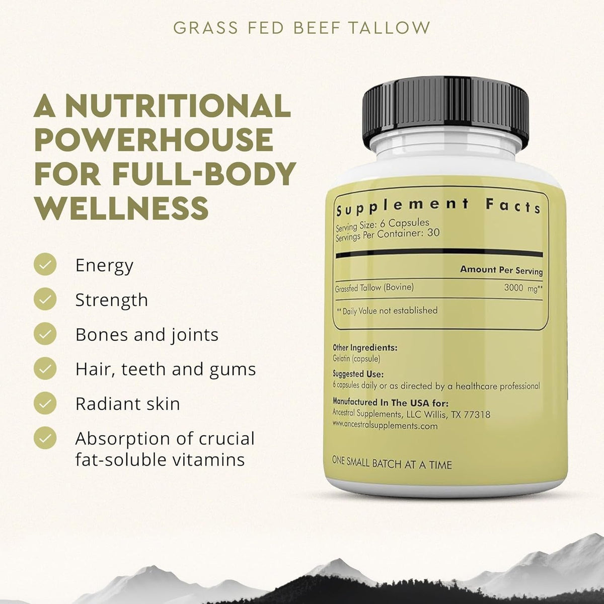 Ancestral Supplements Grass Fed Beef Tallow Capsules, 3000Mg, Nourishing Kidney Fat Supplement Supports Bones, Teeth, Gums, Skin, Immune and Overall Health, Non-Gmo, 180 Capsules