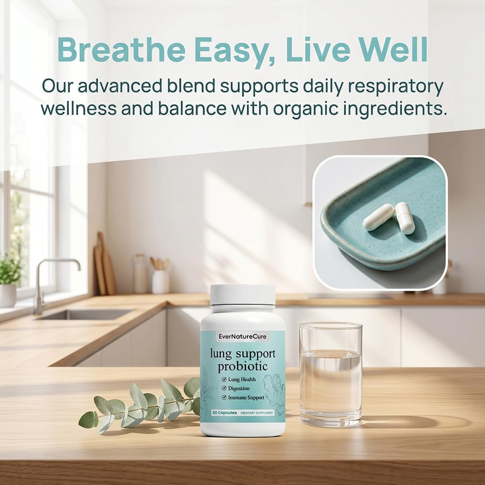 Evernaturecure Lung Support Probiotics, Ever Nature Cure Respiratory & Immune Support Supplement, with Vasaka Leaf & Turmeric Root Extract, 60 Capsules