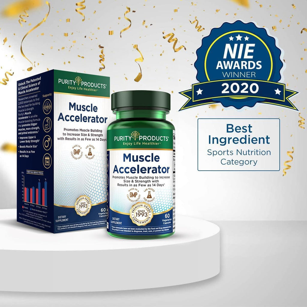 Purity Products Muscle Accelerator 650 Mg Patented & Clinically Tested Muscle Accelerator Blend of Ayurvedic Herbal Extracts Promotes Strength, Endurance + Muscle Growth - 60 Veg Caps