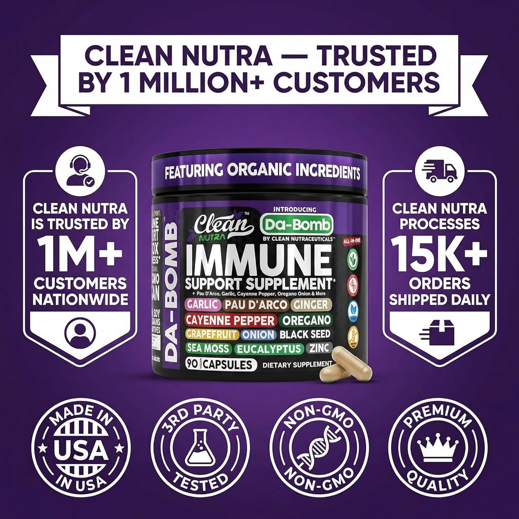 Organic Immune Support with PAU D'Arco Garlic Cayenne Pepper Oregano Ginger Grapefruit Onion Black Seed Sea Moss Black Pepper Zinc Eucalyptus Vitamin C Vitamin D Organic Soursop by Clean Nutra
