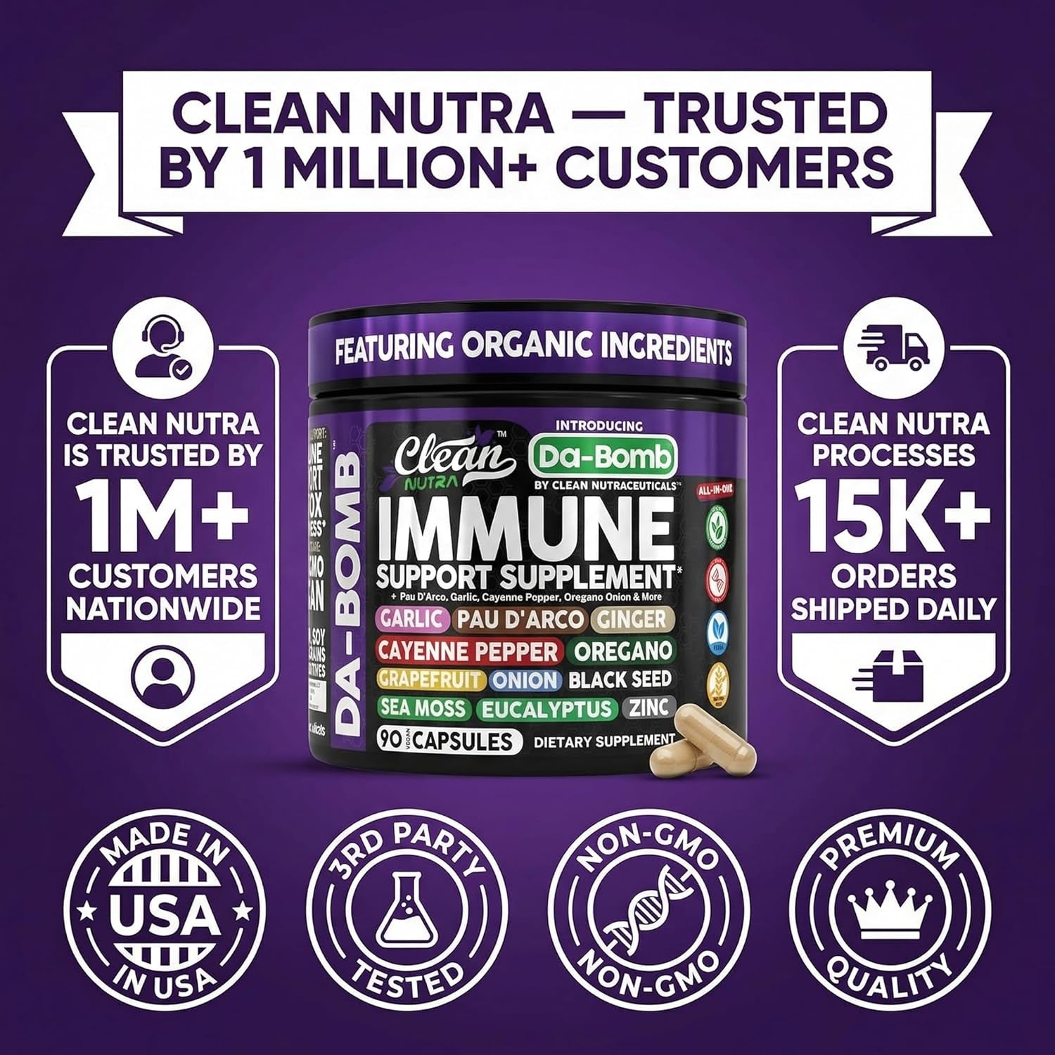 Organic Immune Support with PAU D'Arco Garlic Cayenne Pepper Oregano Ginger Grapefruit Onion Black Seed Sea Moss Black Pepper Zinc Eucalyptus Vitamin C Vitamin D Organic Soursop by Clean Nutra