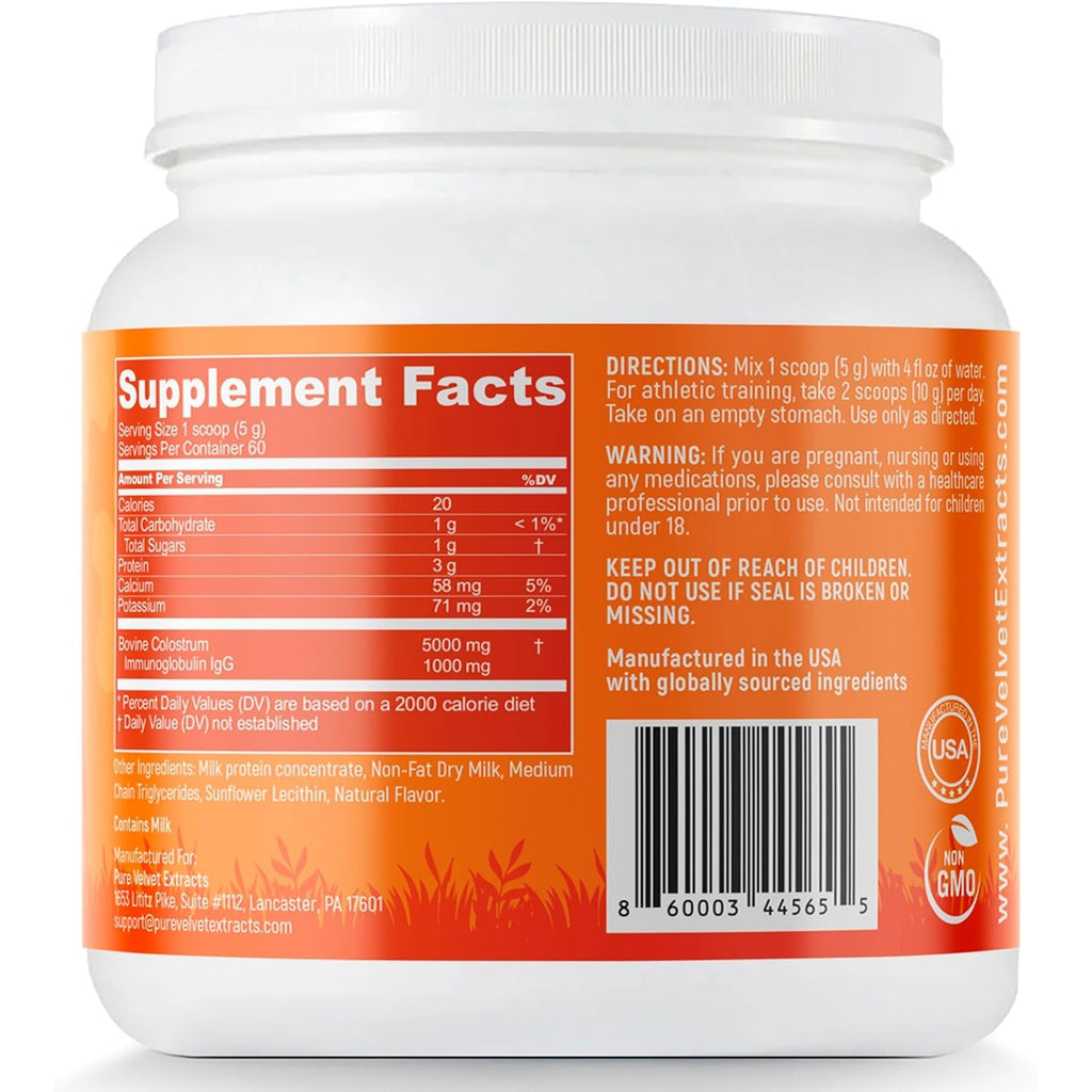 Pure Velvet Colostrum Powder for Gut Health, Bloating, Hair Growth, Immune Support, Bovine Cow Sourced Colostrum Protein, Lactoferrin Supplement, Contains Dairy with Immunoglobulins (Igg) (10 Ounce)