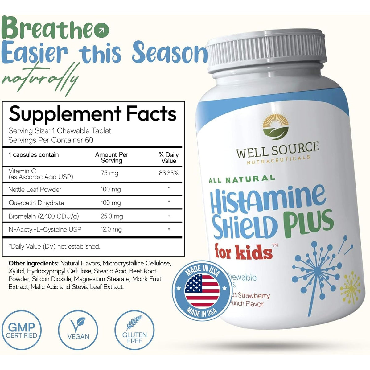 Natural Antihistamine Supplement, Sinus & Allergy Relief for Pollen, Pet Dander, Dust, Mold, and Odors, 60 Strawberry Fruit Punch Chewable Tablets