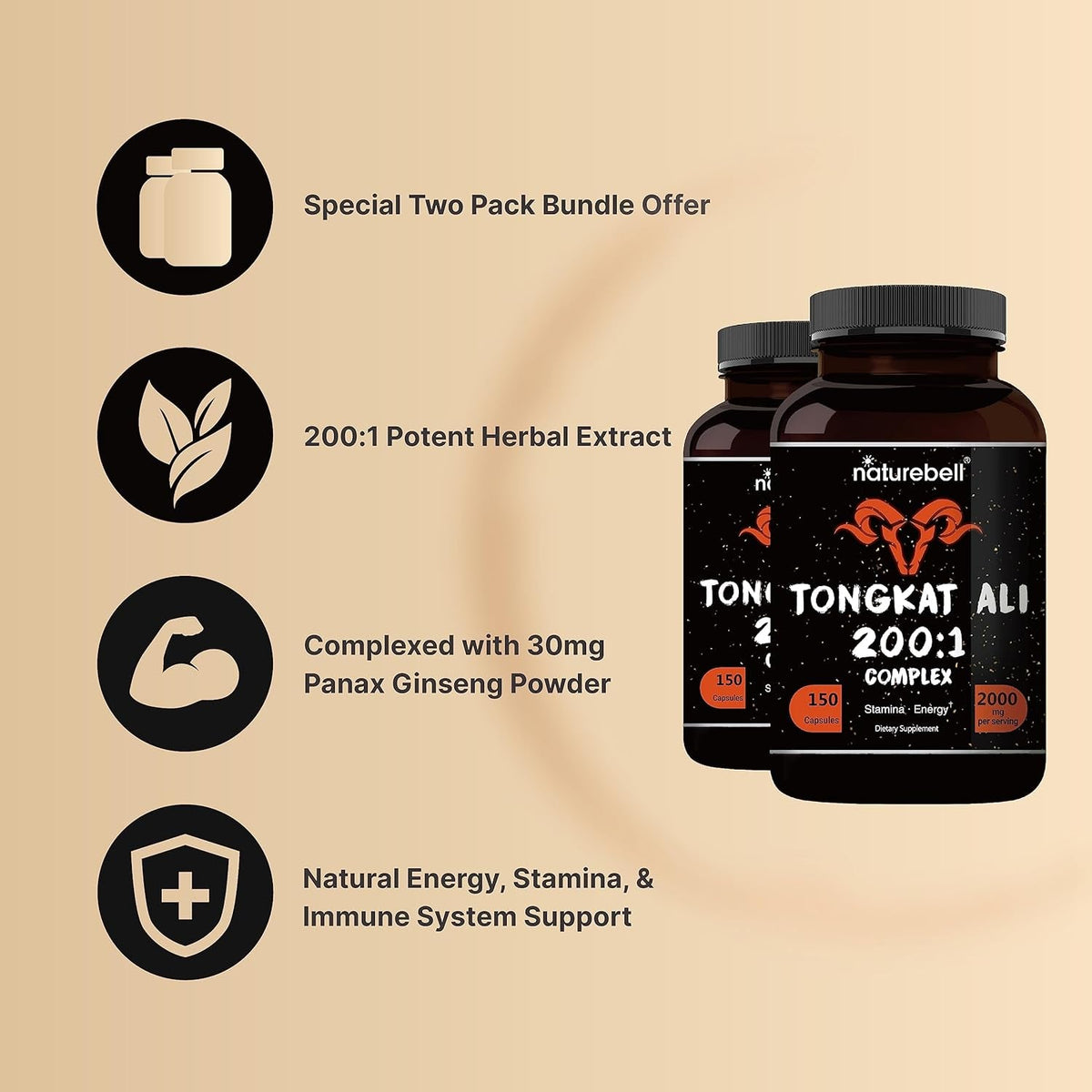 Tongkat Ali 200:1 (Longjack) Extract for Men, 2000Mg per Serving, Indonesia Origin, Eurycoma Longifolia | with Panax Ginseng for Energy, Stamina, & Male Health Support (150 Count (Pack of 2))