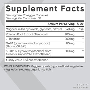 Sports Research® Sleep Complex- Melatonin-Free Vegan Capsules - with Valerian Root, GABA, L-Theanine, Magnesium & 5-HTP - 30 Servings