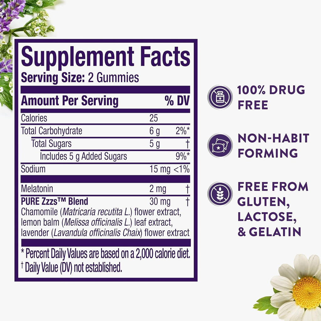 Zzzquil, Pure Zzzs Melatonin Gummies, Sleep Aid, Melatonin 2Mg, with Chamomile and Lavender, Melatonin Sleep Gummies, Sleep Aids for Adults, Wildberry Vanilla Flavored, 72 Sleep Gummies