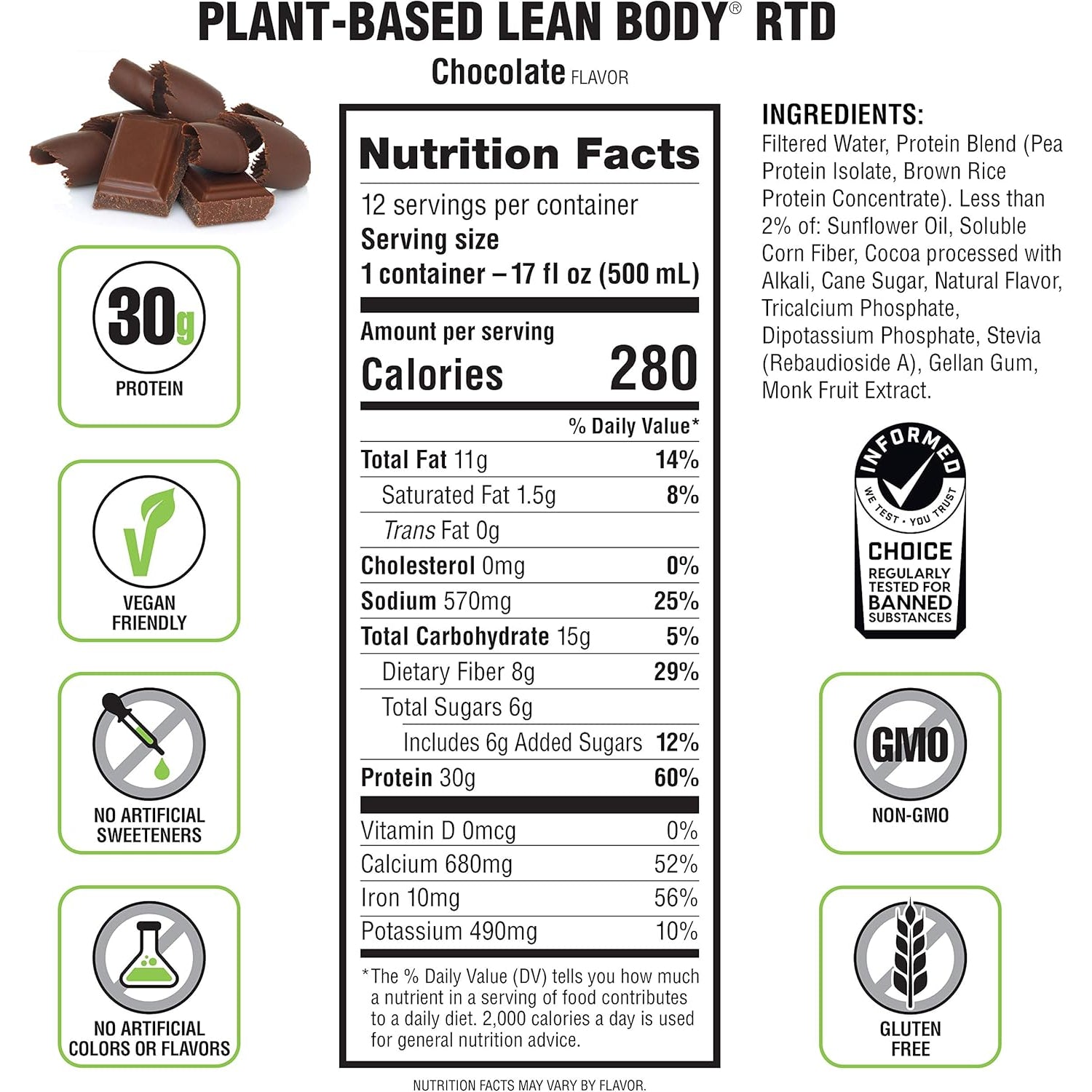 Lean Body Ready-To-Drink, Plant-Based Vegan Chocolate Protein Shake, 30G Protein, No Artificial Flavors, Sweeteners or Colors, Non GMO, Gluten Free, Premium Pea & Rice Blend (Pack of 12)