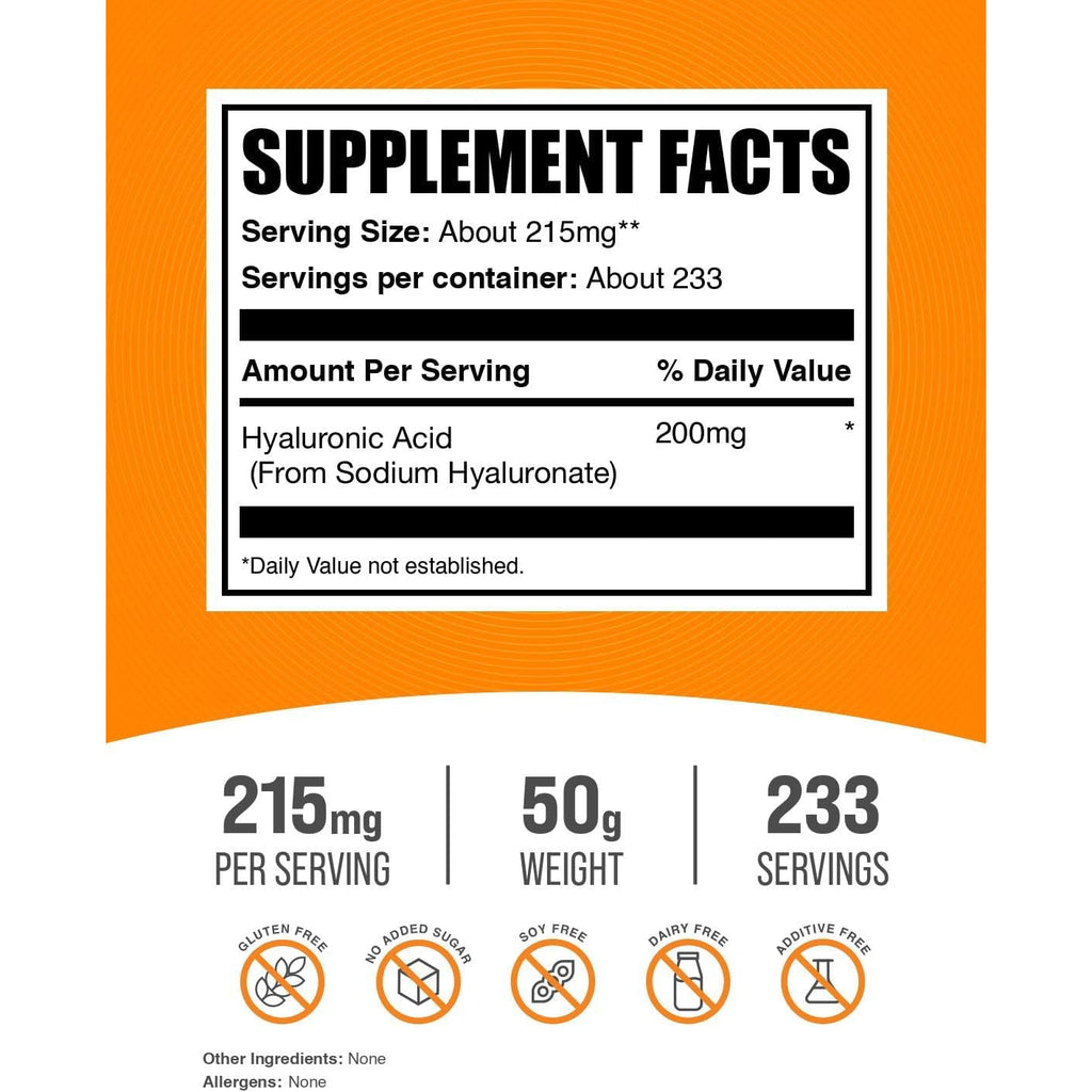 Bulksupplements.Com Hyaluronic Acid Powder - as Sodium Hyaluronate, Hyaluronic Acid Supplements - Food Grade, Gluten Free - 215Mg per Serving, 50G (1.8 Oz) (Pack of 1)