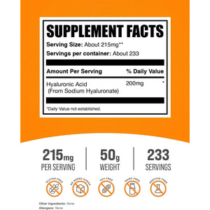 Bulksupplements.Com Hyaluronic Acid Powder - as Sodium Hyaluronate, Hyaluronic Acid Supplements - Food Grade, Gluten Free - 215Mg per Serving, 50G (1.8 Oz) (Pack of 1)