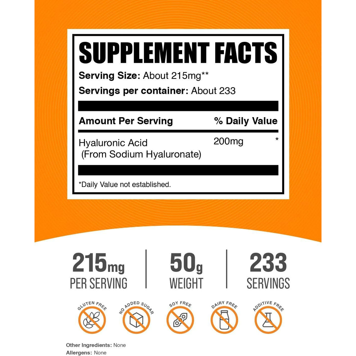 Bulksupplements.Com Hyaluronic Acid Powder - as Sodium Hyaluronate, Hyaluronic Acid Supplements - Food Grade, Gluten Free - 215Mg per Serving, 50G (1.8 Oz) (Pack of 1)