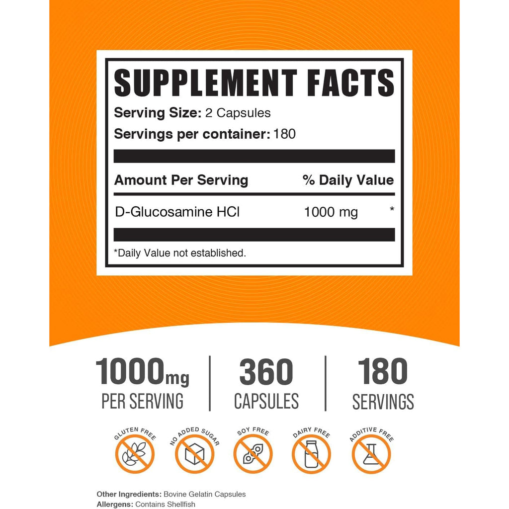 Bulksupplements.Com Glucosamine Hcl Capsules - Glucosamine Supplement, Nutritional Supplement - Gluten Free, 2 Capsules per Serving, 360 Count (Pack of 1)