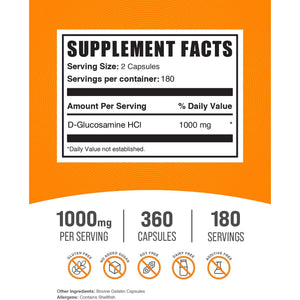 Bulksupplements.Com Glucosamine Hcl Capsules - Glucosamine Supplement, Nutritional Supplement - Gluten Free, 2 Capsules per Serving, 360 Count (Pack of 1)