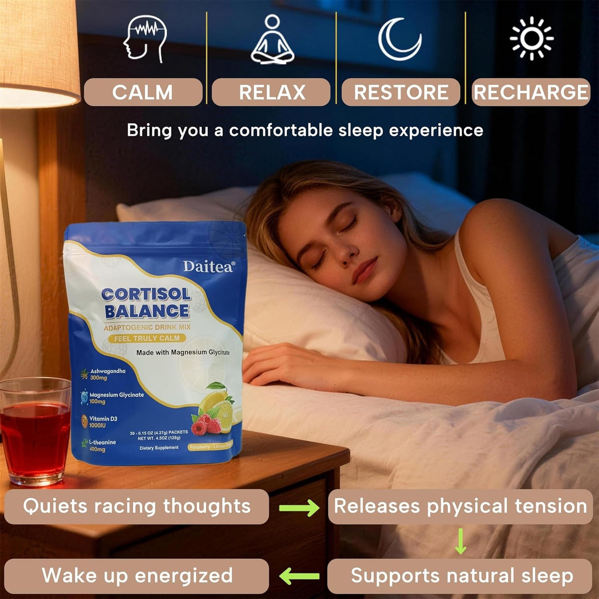 Cortisol Calm Drink Mix with Magnesium Glycinate Powder, L-Theanine, Vitamins, and Ashwagandha for Relaxation & Focus | Adaptogen Drink & Cortisol Support | 30 Packets (Raspberry & Lemon Flavor)