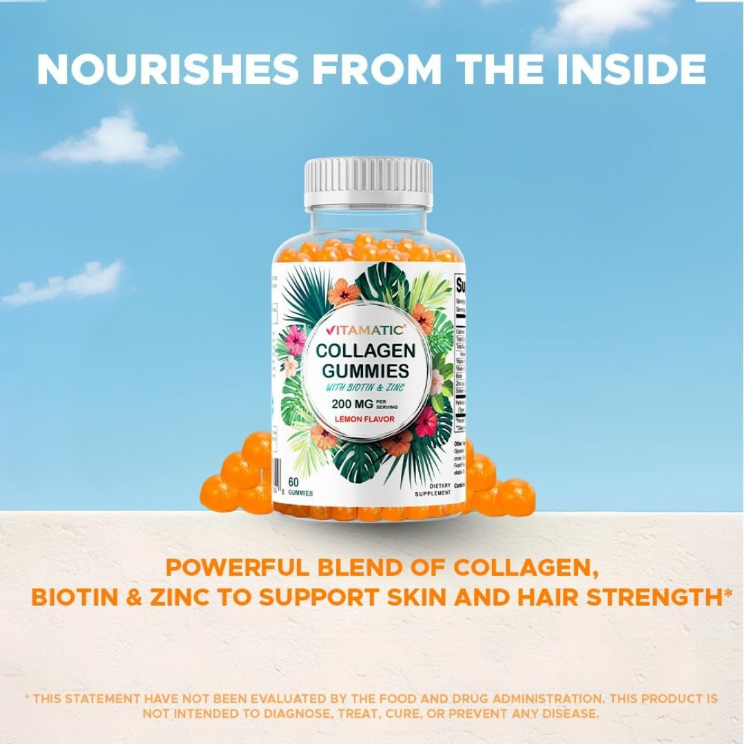 Vitamatic Hydrolyzed Collagen Gummies with Vitamin C, Zinc and Biotin, 200 Mg - Healthy Skin Support - 60 Gummies