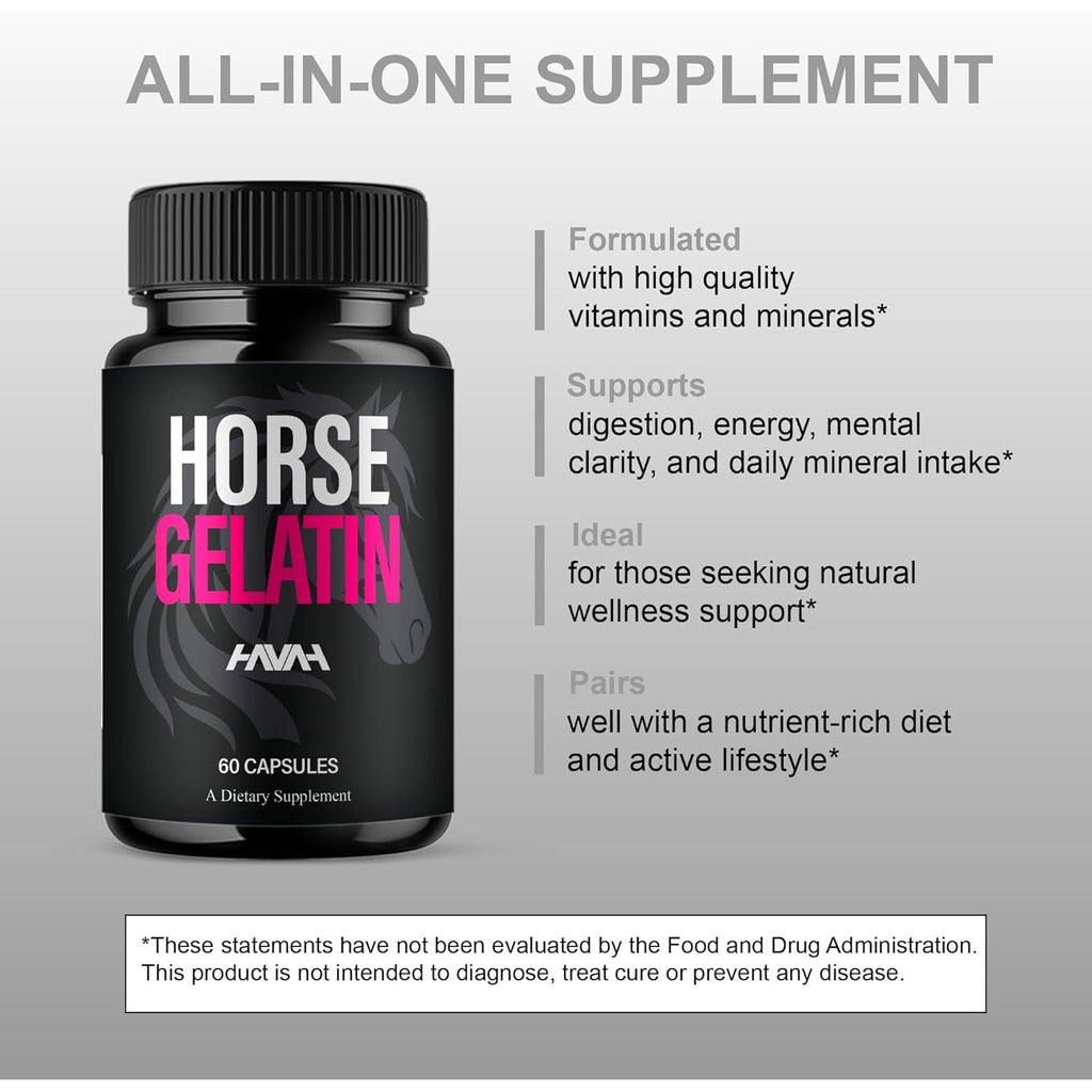 Havah Horse Gelatin Advanced Overall Support Capsules, Horse Gelatin Advanced All Natural Health Management and Overall Wellness Support Supplement Formula Pills (1 Pack - 60 Capsules)