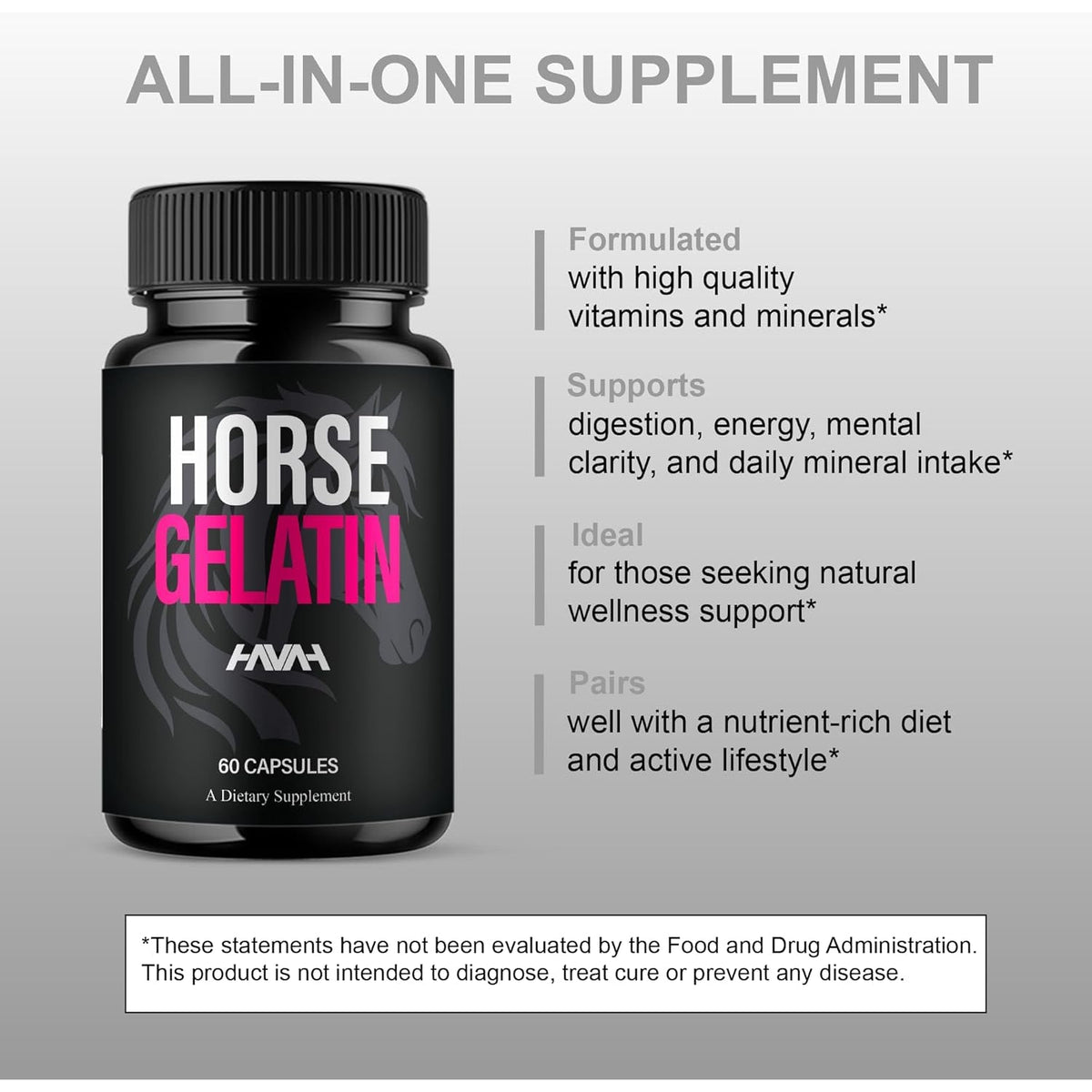 Havah Horse Gelatin Advanced Overall Support Capsules, Horse Gelatin Advanced All Natural Health Management and Overall Wellness Support Supplement Formula Pills (1 Pack - 60 Capsules)
