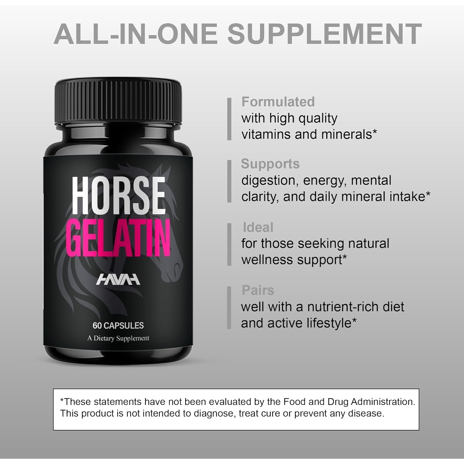 Havah Horse Gelatin Advanced Overall Support Capsules, Horse Gelatin Advanced All Natural Health Management and Overall Wellness Support Supplement Formula Pills (1 Pack - 60 Capsules)