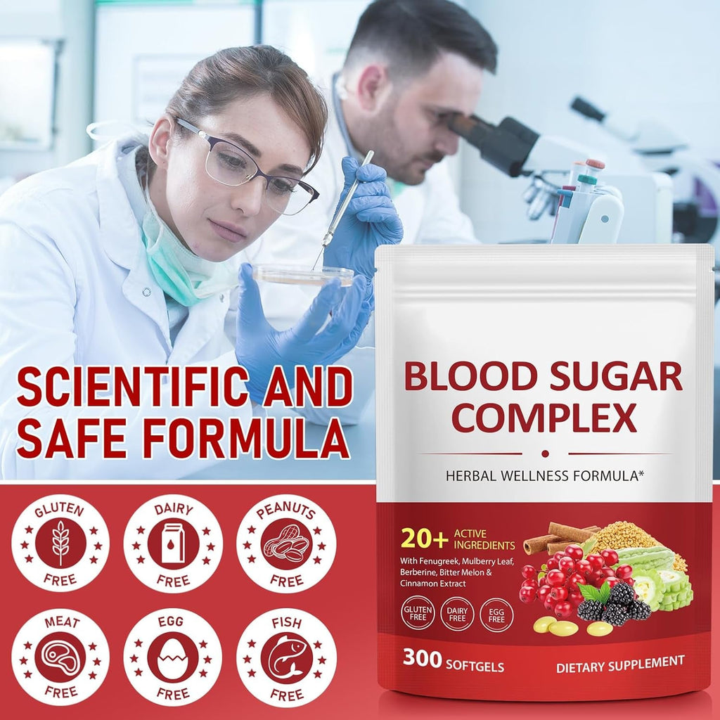 300 Softgels Blood Sugar Complex Supplement | 20+ Active Herbs-Berberine, Ceylon Cinnamon, Bitter Melon, Mulberry Leaf, Fenugreek, Vitamins for Energy Level, Vitality Support | Clean Formula
