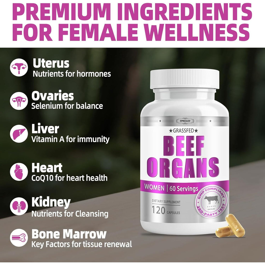 Beef Organ Supplement for Women - Grass Fed Beef Liver Organs with Heart, Uterus, Ovaries, Kidney, Bone Marrow, Supports Female Energy and Health, Pasture Raised, No Fillers, 60 Servings, 120 Capsules