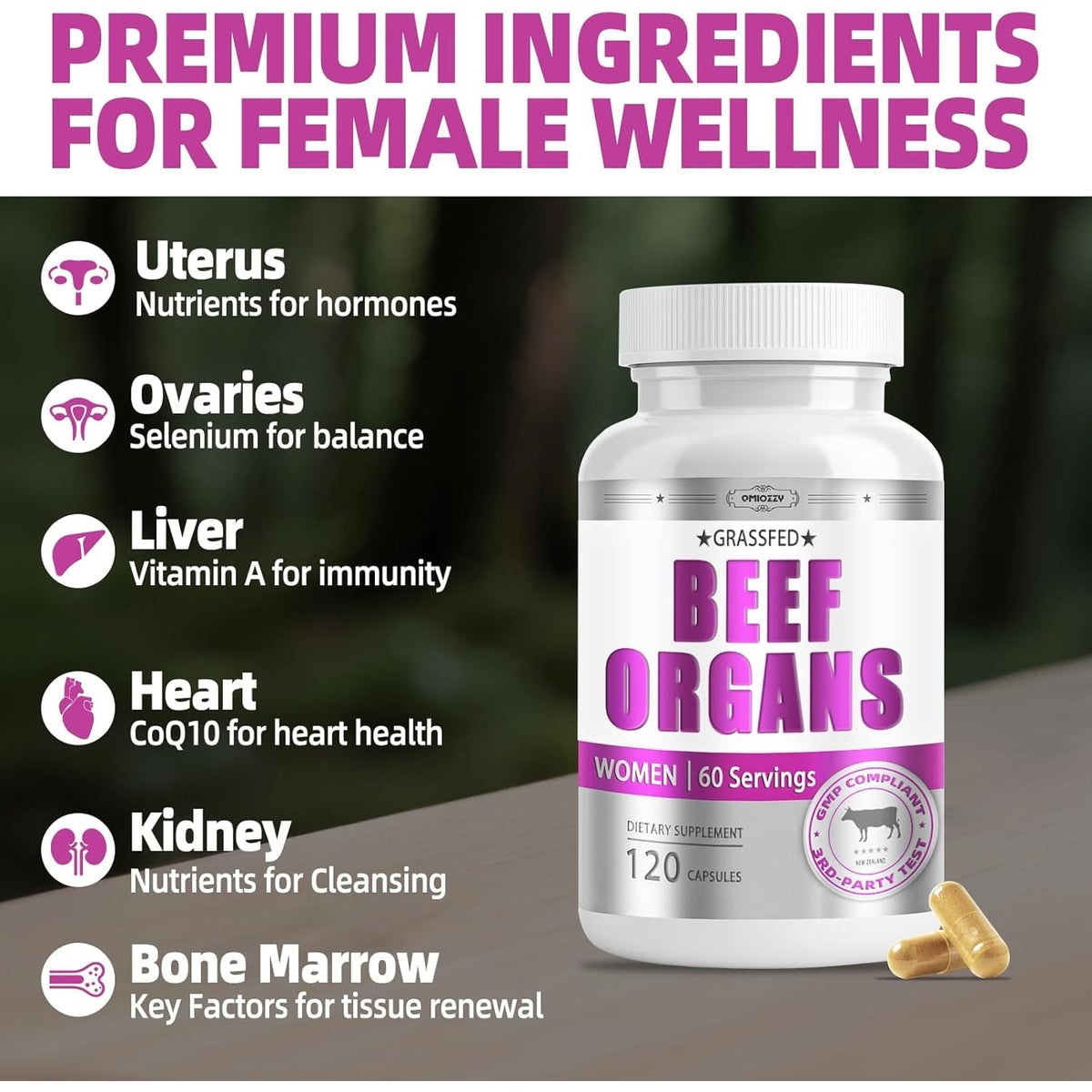 Beef Organ Supplement for Women - Grass Fed Beef Liver Organs with Heart, Uterus, Ovaries, Kidney, Bone Marrow, Supports Female Energy and Health, Pasture Raised, No Fillers, 60 Servings, 120 Capsules