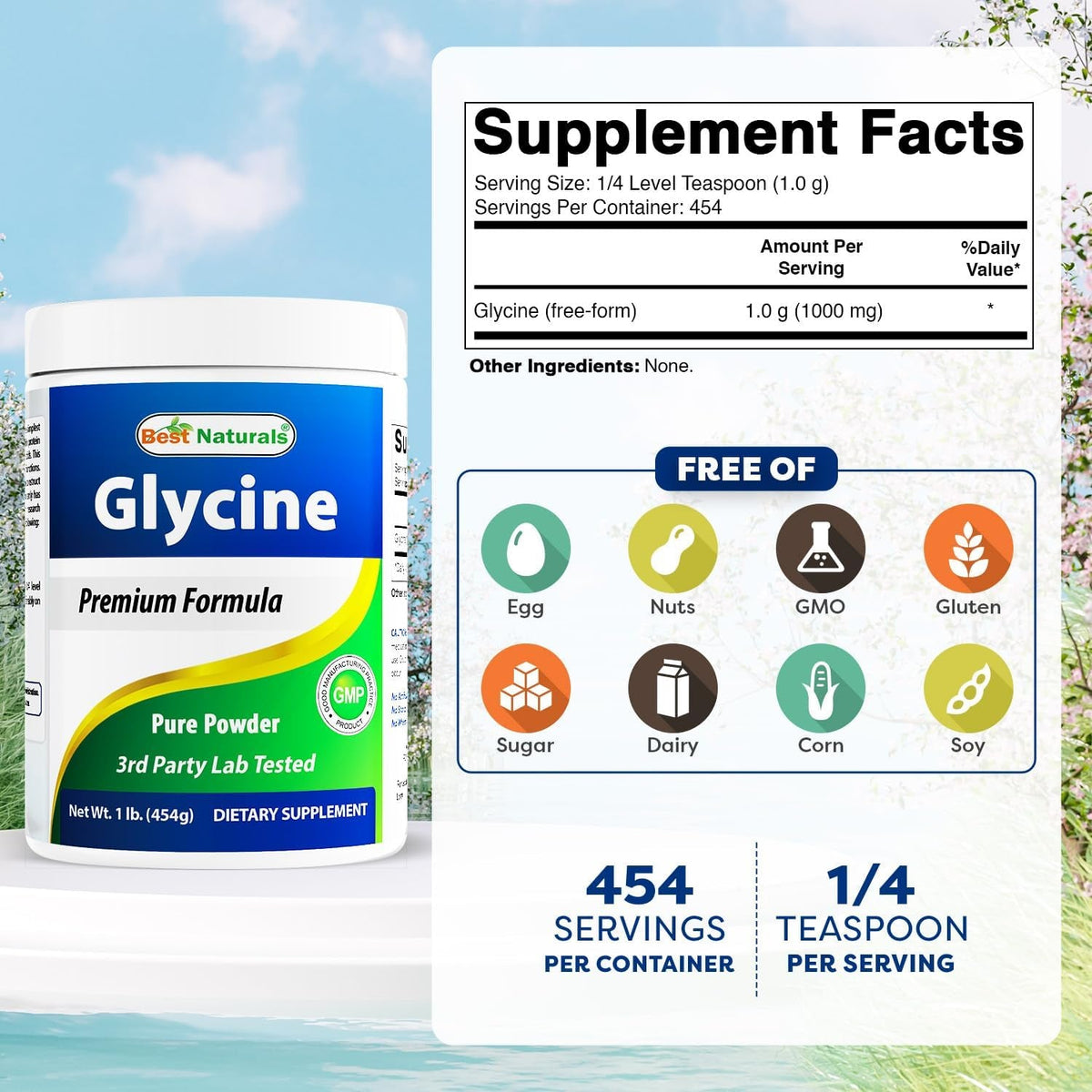 Best Naturals Glycine Powder 1 LB - Neurotransmitter & Relaxation Support