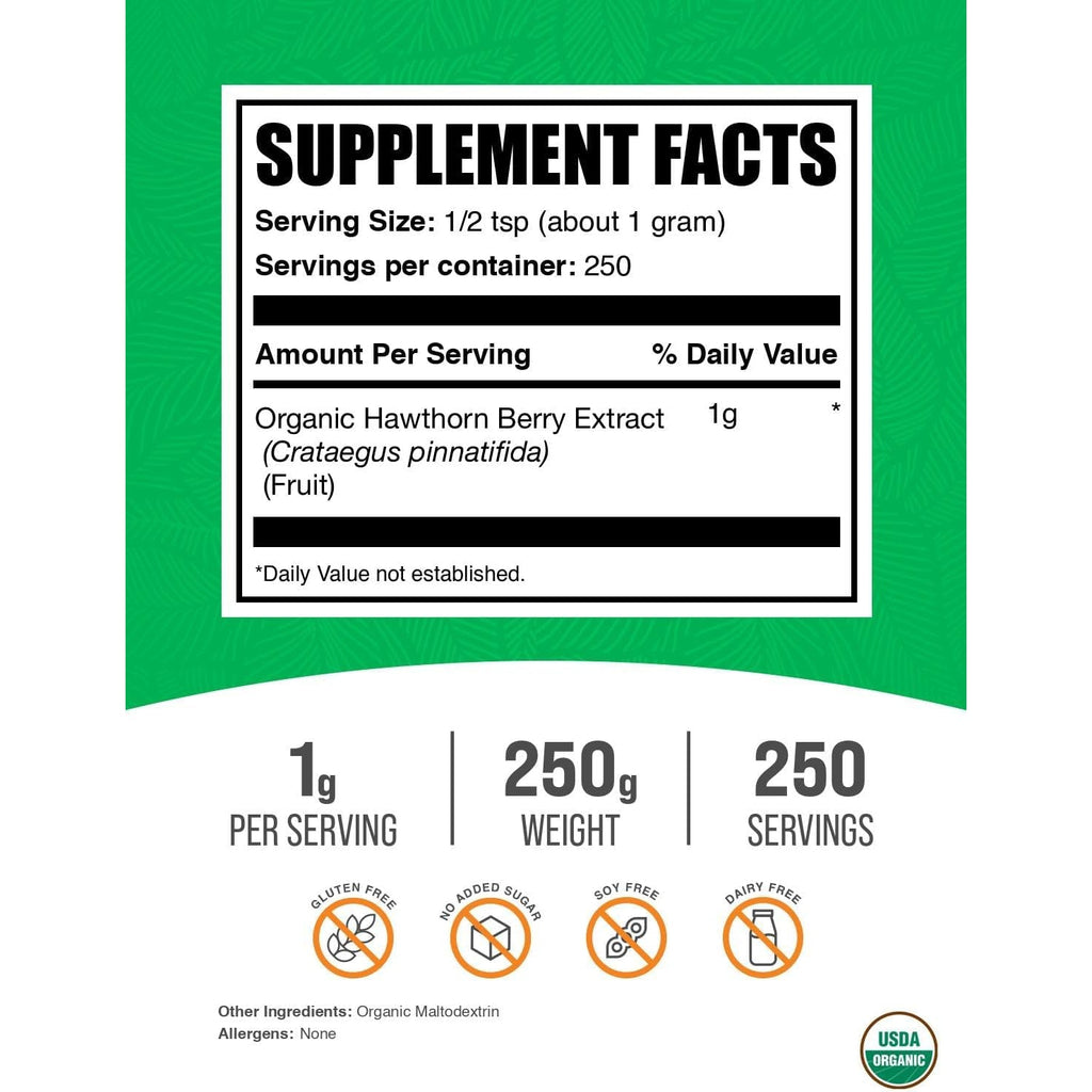Bulksupplements.Com Organic Hawthorn Berry Extract Powder - Hawthorn Berry Supplement - Herbal & Gluten Free, 1G per Serving, 250G (8.8 Oz) (Pack of 1)