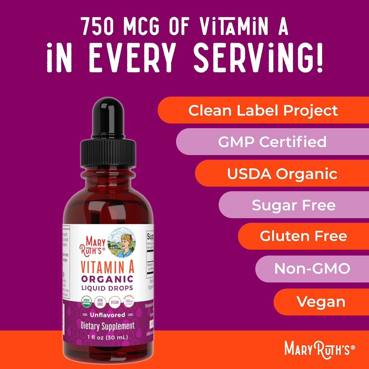 MARYRUTH'S Organics USDA Organic Vitamin a Liquid Drops | 3 Month Supply | Bone Health for Ages 14+ | Essential Vitamin | 750Mcg per Serving | Sugar Free | Vegan | Non-Gmo | Gluten Free | 1Oz
